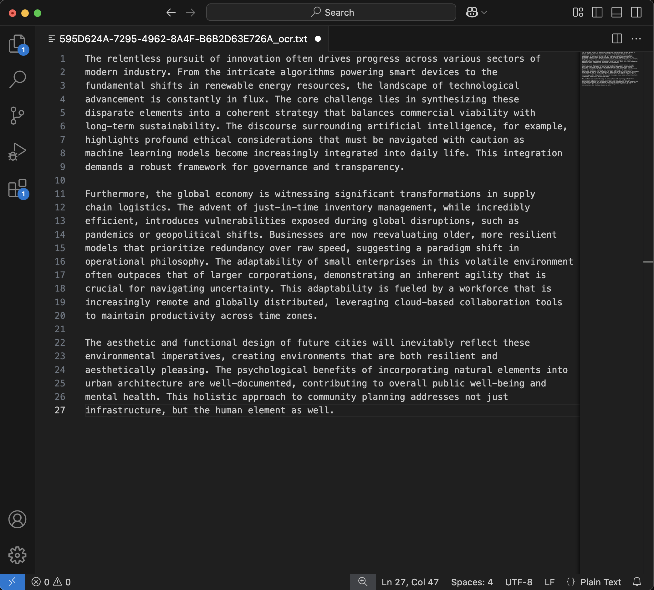 Extracted text in VS Code